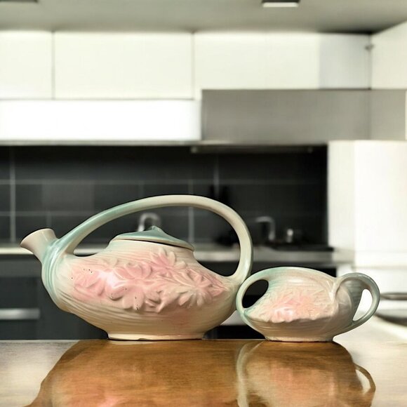 McCoy Pottery Teapot with Lid Creamer Set Antique 1940's Hand Painted Pastel Pin